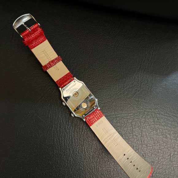 philip stein signature watch MOP dial diamond bezel red wicker strap main image 7
